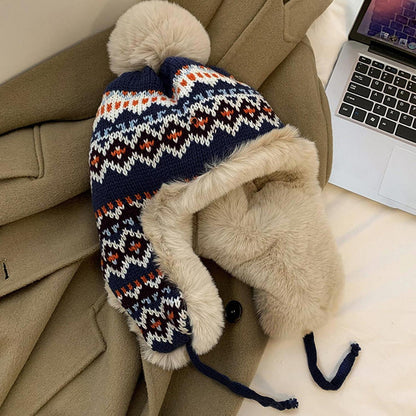 Trappermütze Damen Herren Warm Strickmütze mit Ohrenklappen