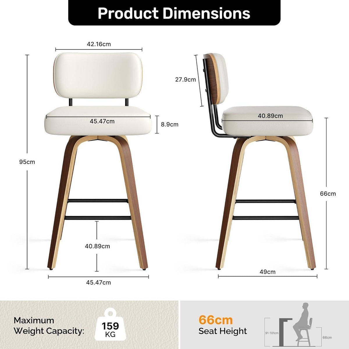 Drehbarer Barhocker 2er Set – Beige, 65cm Sitzhöhe, Mid-Century Design