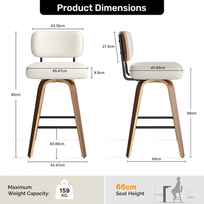 Drehbarer Barhocker 2er Set – Beige, 65cm Sitzhöhe, Mid-Century Design