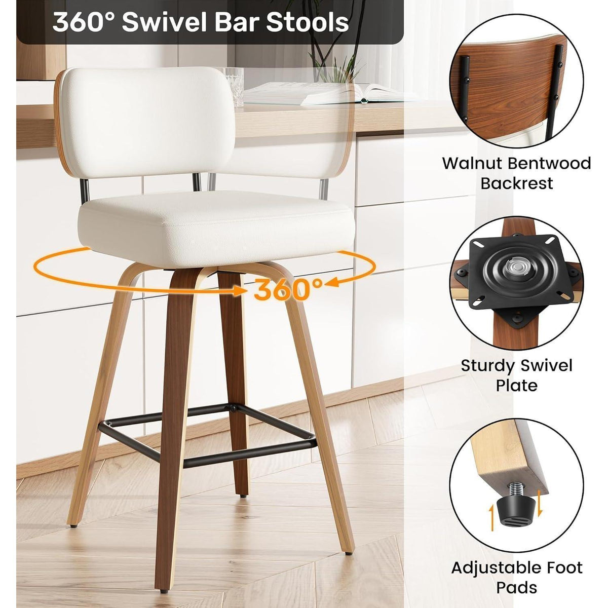 Drehbarer Barhocker 2er Set – Beige, 65cm Sitzhöhe, Mid-Century Design