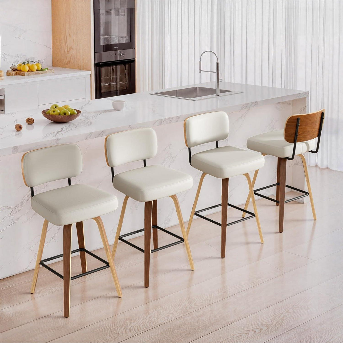 Drehbarer Barhocker 4er Set – Beige, 65cm Sitzhöhe, Mid-Century