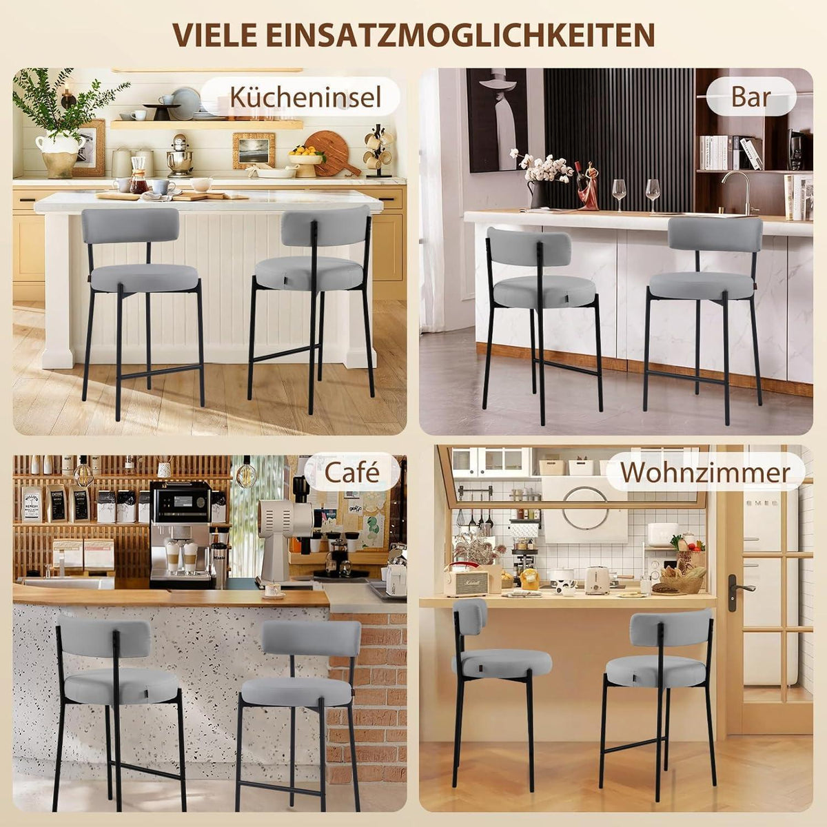 Barhocker Set 2 Grau – Gepolsterte Barstühle mit Rückenlehne