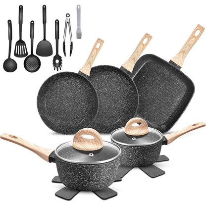 19-teiliges Induktions Topfset Schwarz Granit Antihaft