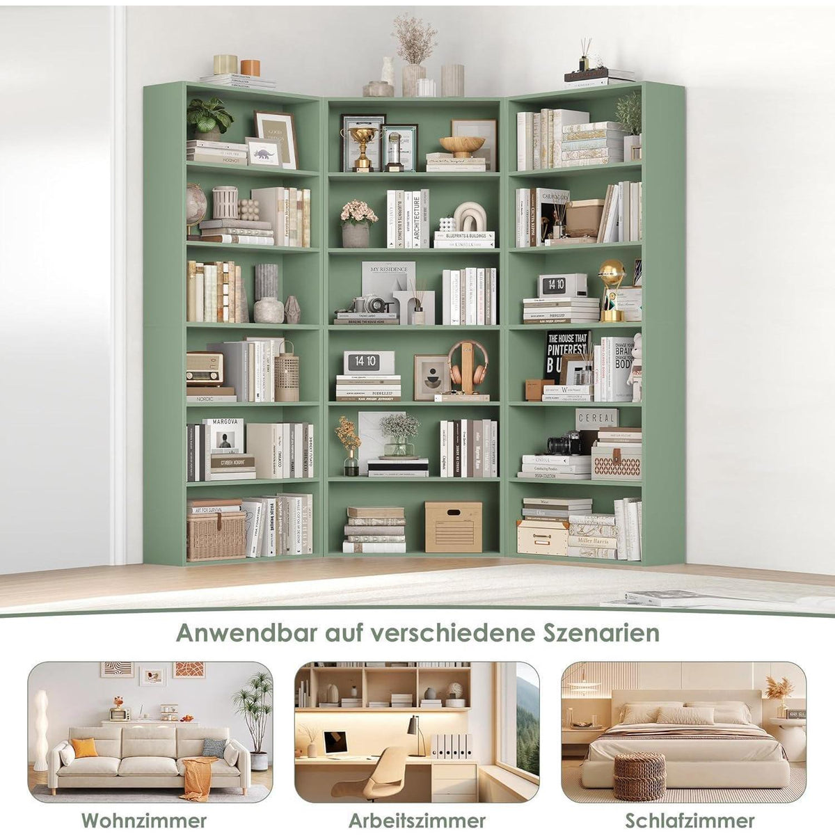 Holzregal mit 6 Fächern – Grün, 180 cm Bücherregal
