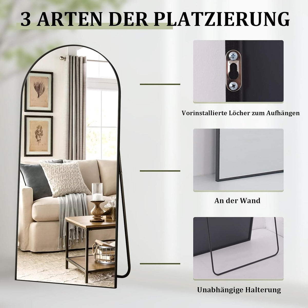 Ganzkörperspiegel Bogenförmig 165x60cm – Stand- & Wandspiegel Schwarz