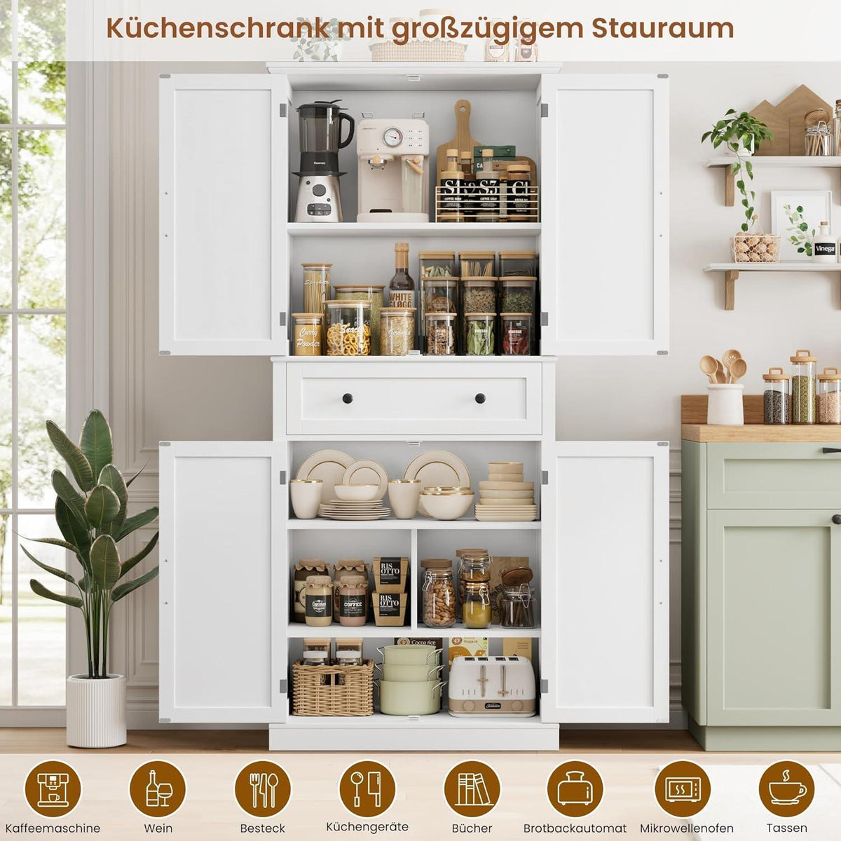 Hochschrank mit 4 Türen & Schublade – Weißes Küchenbuffet 181,5cm