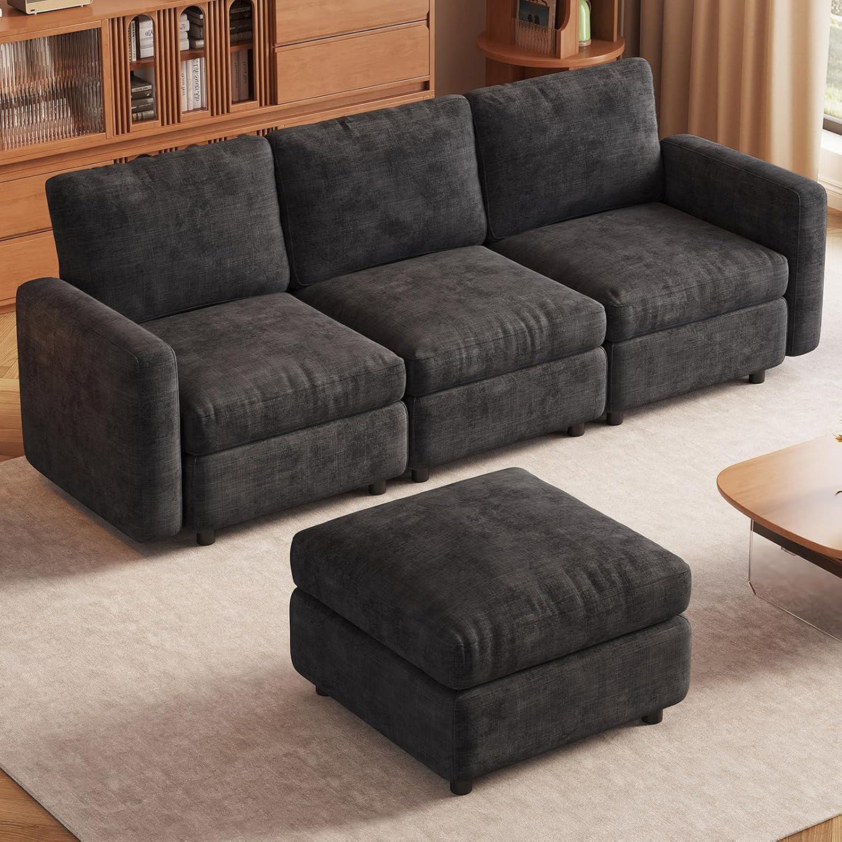 Modulares Ecksofa mit Stauraum & Hocker – Grau, 4 Sitzplätze