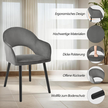 Samt Esszimmerstühle 6er Set Dunkelgrau mit Holzbeinen & Armlehnen