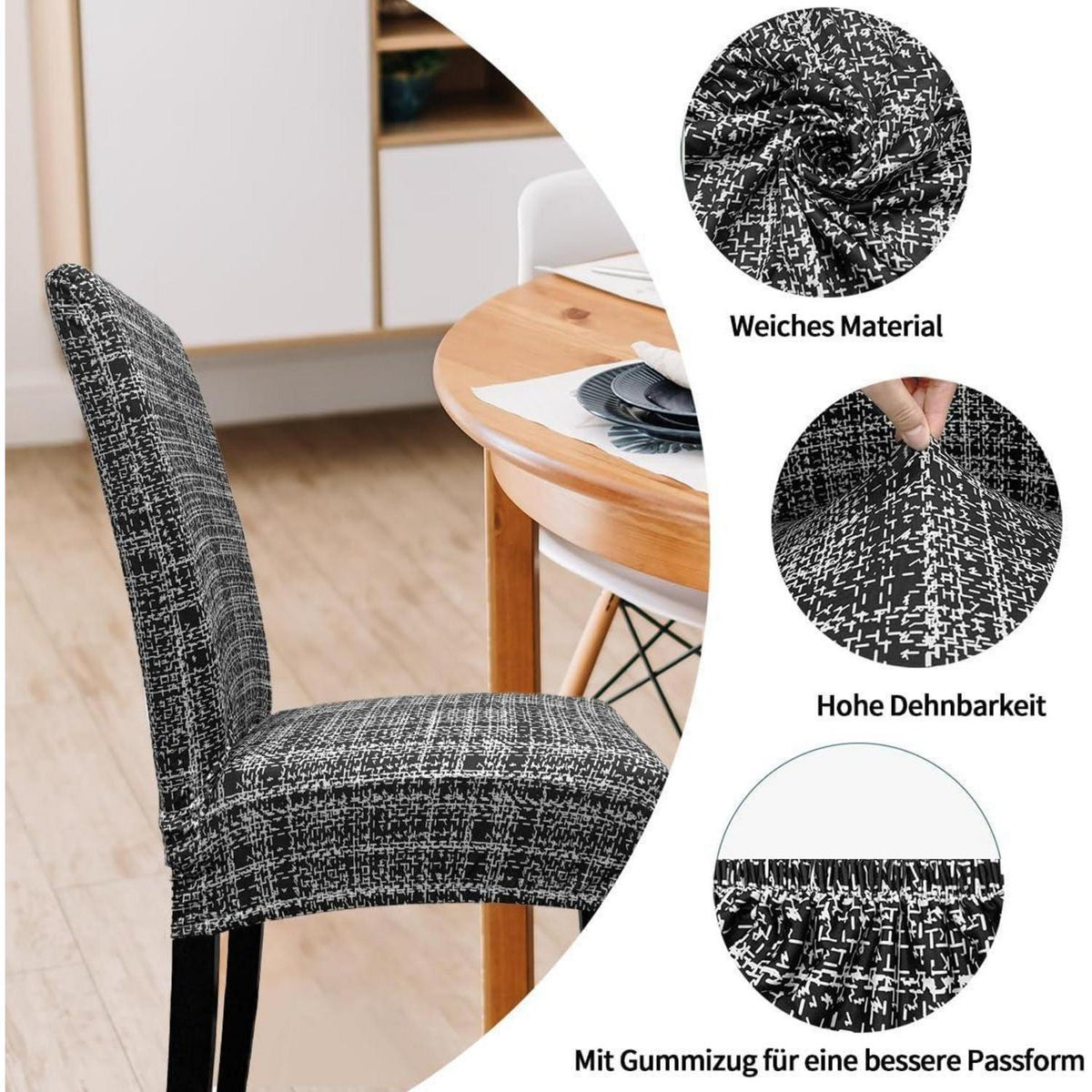 Stretch Stuhlhussen 6er Set – Grau Schwarz Graffiti Muster