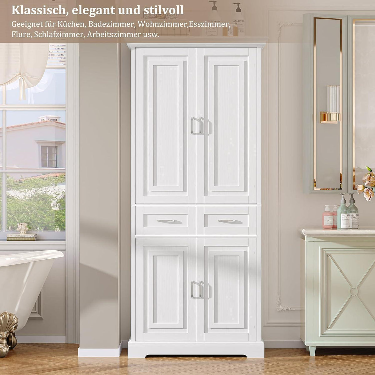 Hochschrank mit 4 Türen & Schublade – Weißes Küchenbuffet 180cm