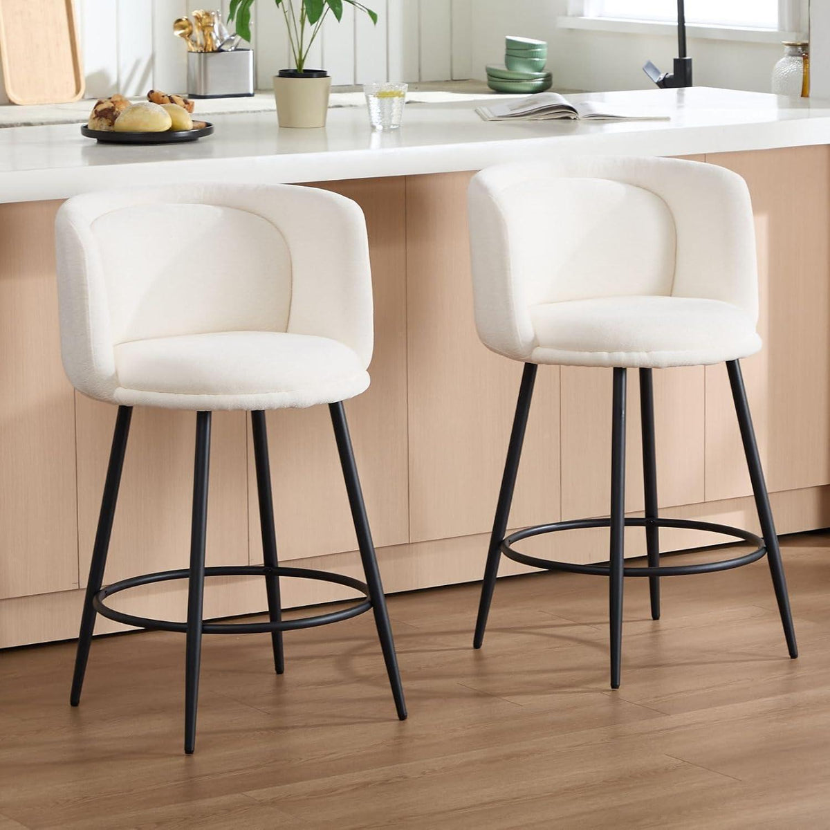 Moderner Barhocker 4er Set – Chenille, Weiß