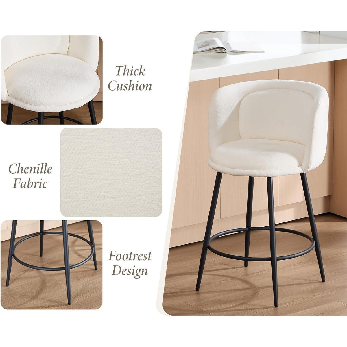 Moderner Barhocker 4er Set – Chenille, Weiß