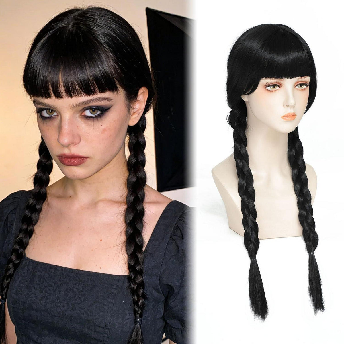 26 Zoll Geflochtene Schwarz Perücke für Wednesday Addams Cosplay