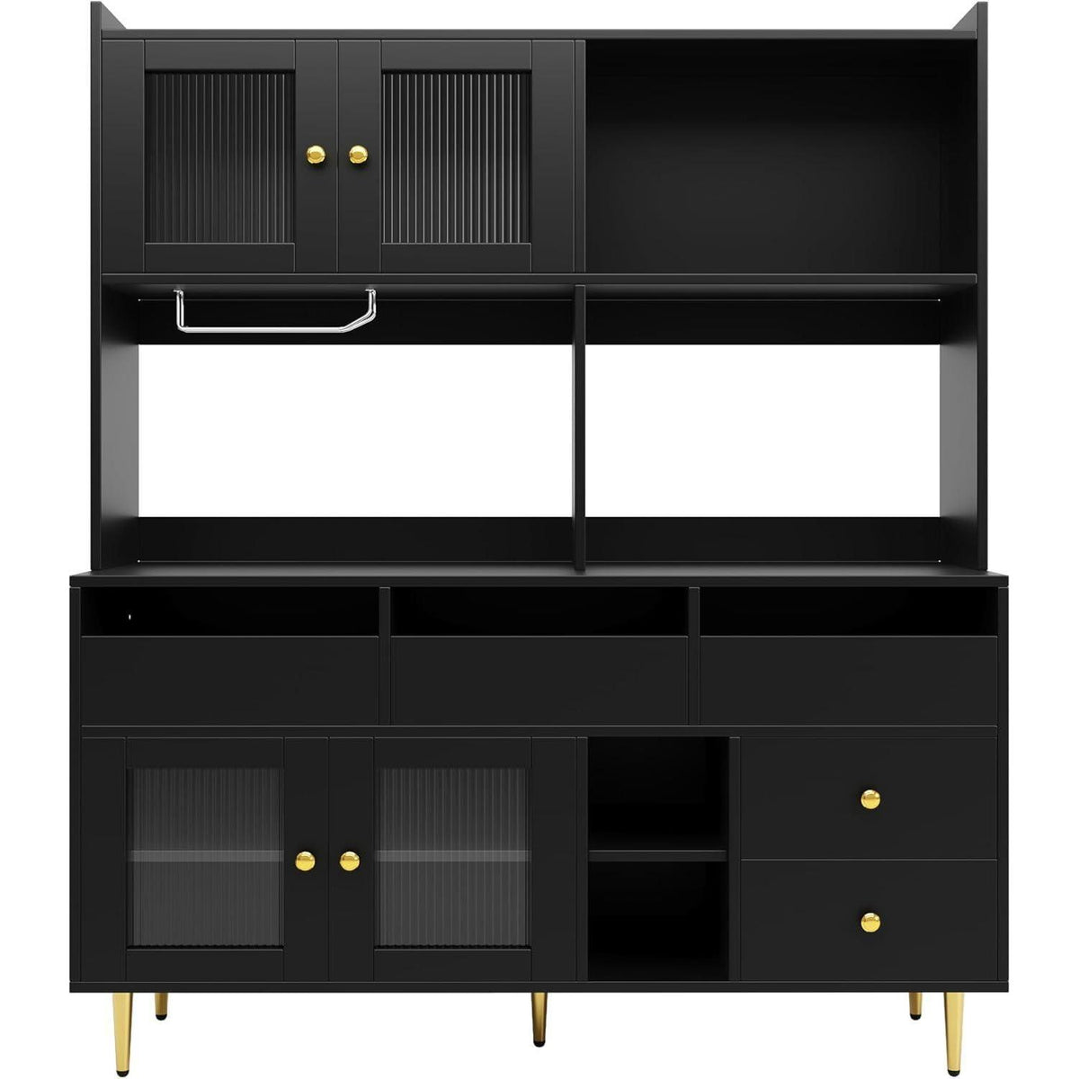 Küchenschrank mit Glastür & Weinregal, Schwarz, 171cm Highboard