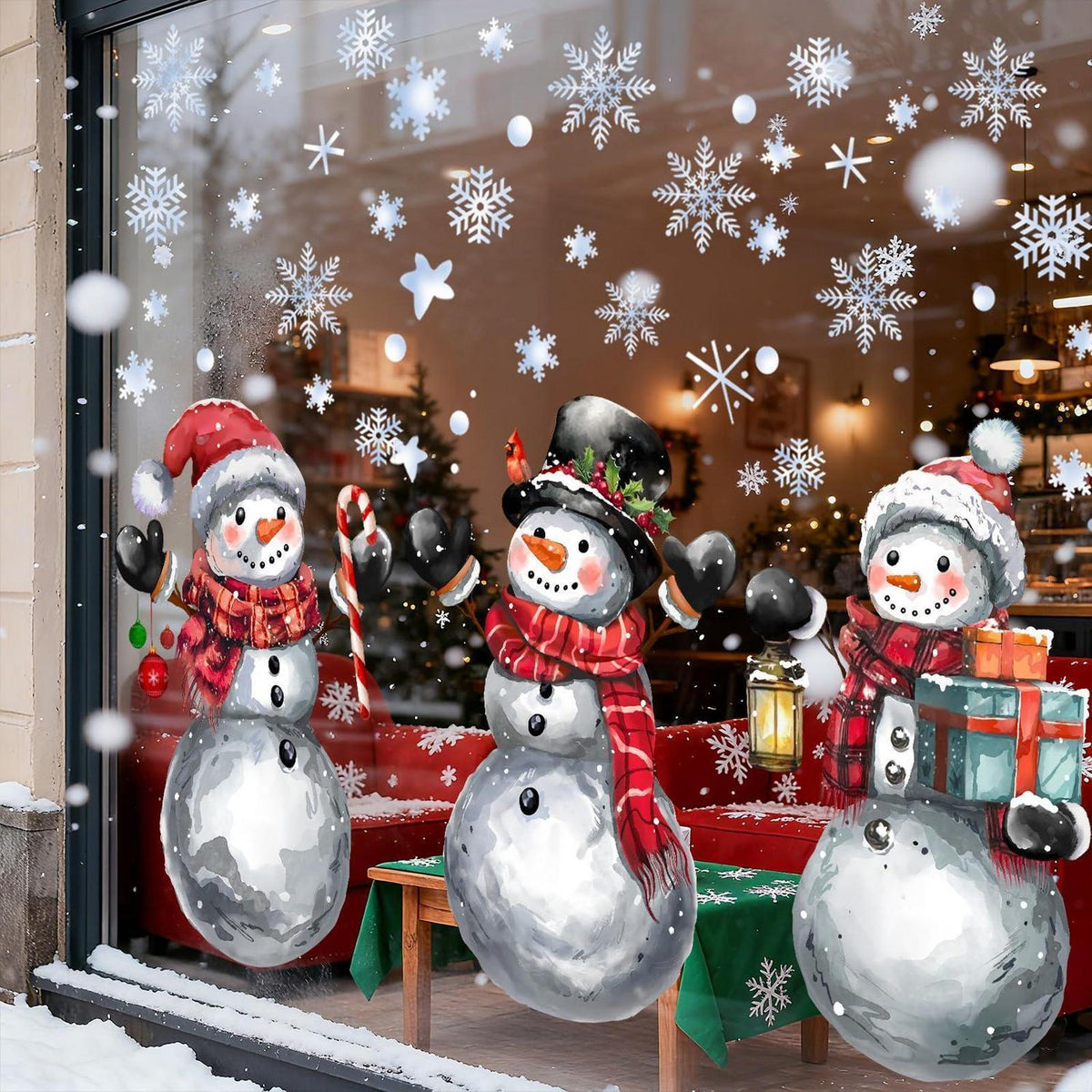 6x Fensteraufkleber Weihnachten – Schneemann & Schneeflocken Deko
