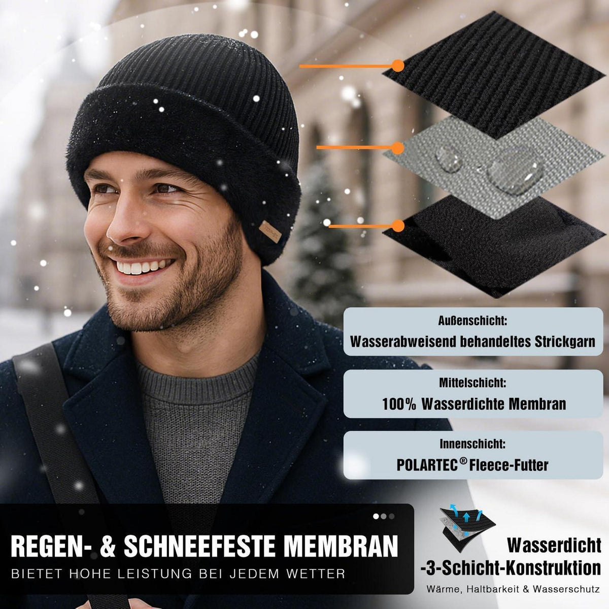 Merino Wollmütze mit Ohrenklappen & Fleecefutter Wasserdicht Unisex M-XXL