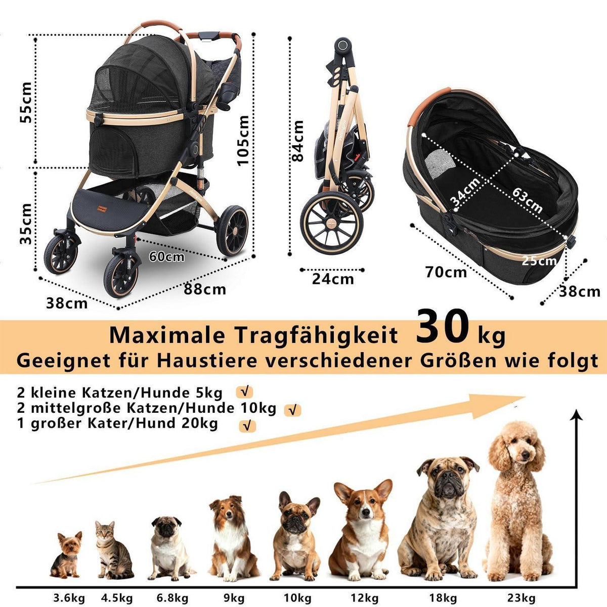 Hundebuggy 3in1 – Schwarz, bis 30kg – Komfort & Sicherheit