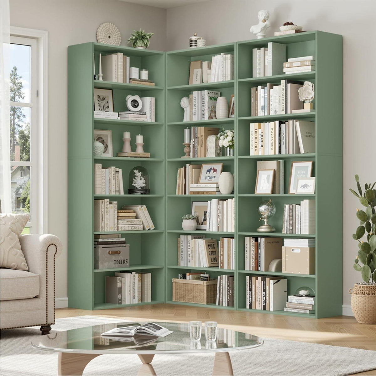 7-reihiges Bücherregal grün – Standregal für Wohnzimmer & Büro