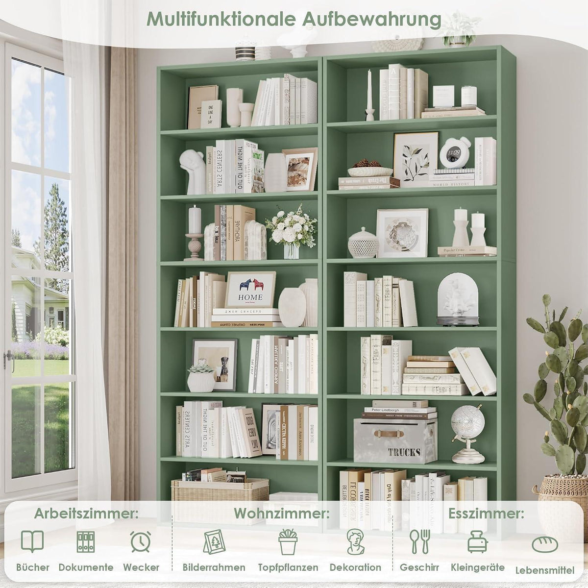7-reihiges Bücherregal grün – Standregal für Wohnzimmer & Büro