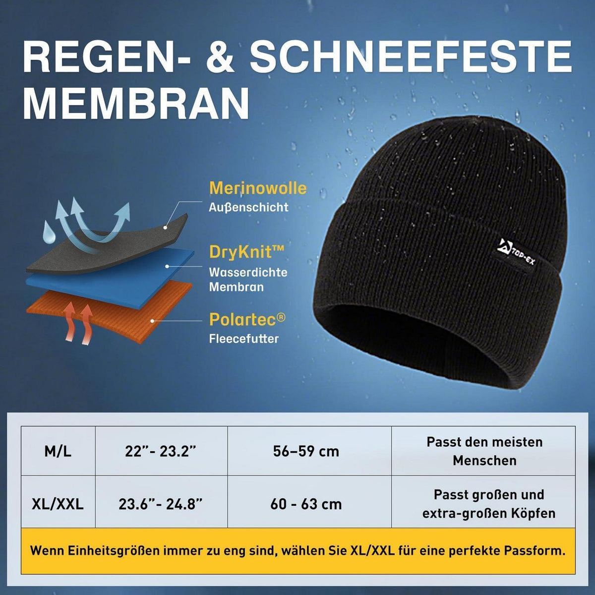 Wärme-Mütze Merino-Wolle mit Fleecefutter, wasserdicht, unisex