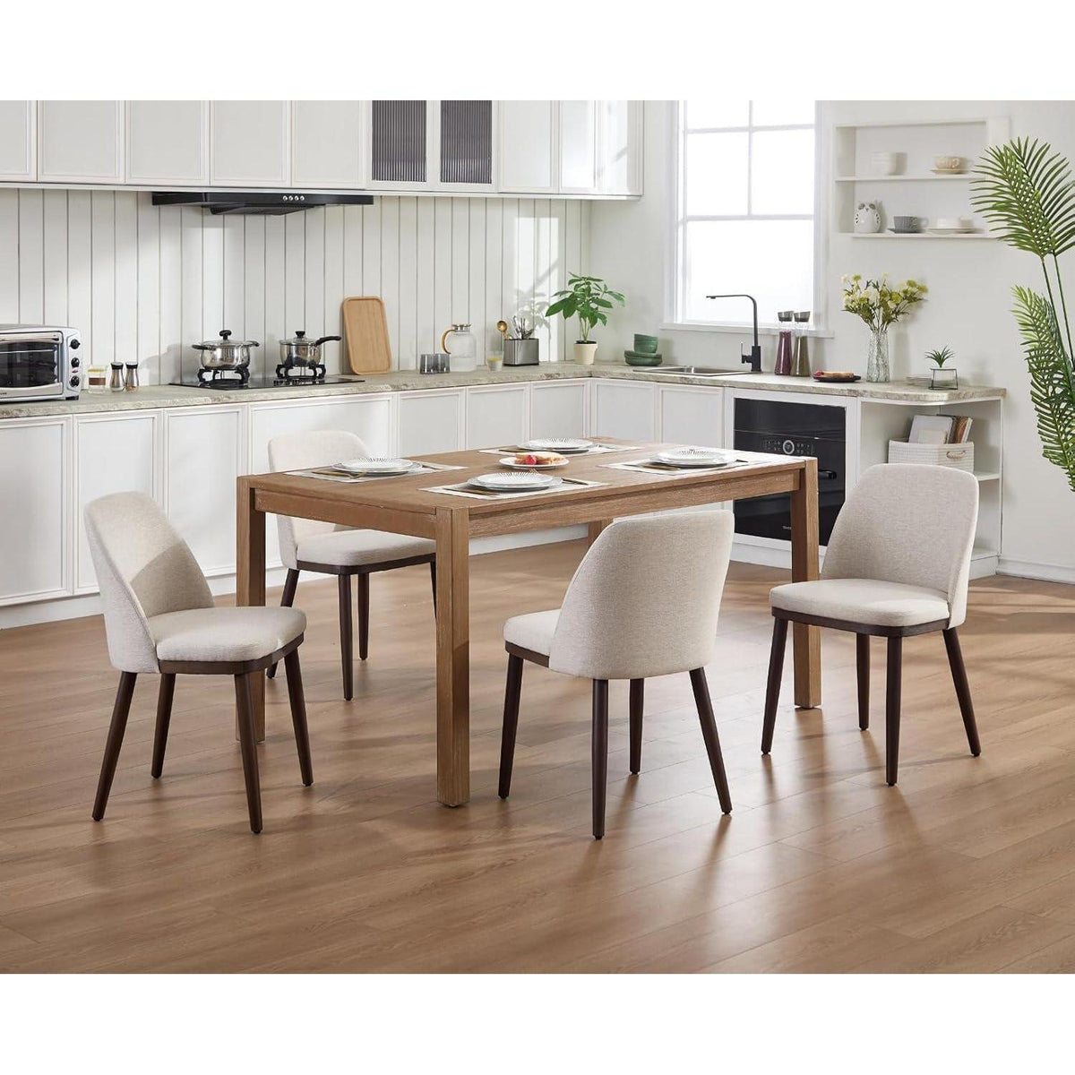 Esszimmerstühle Set 4 – Beige Leinen Polsterstuhl mit Holzbeinen