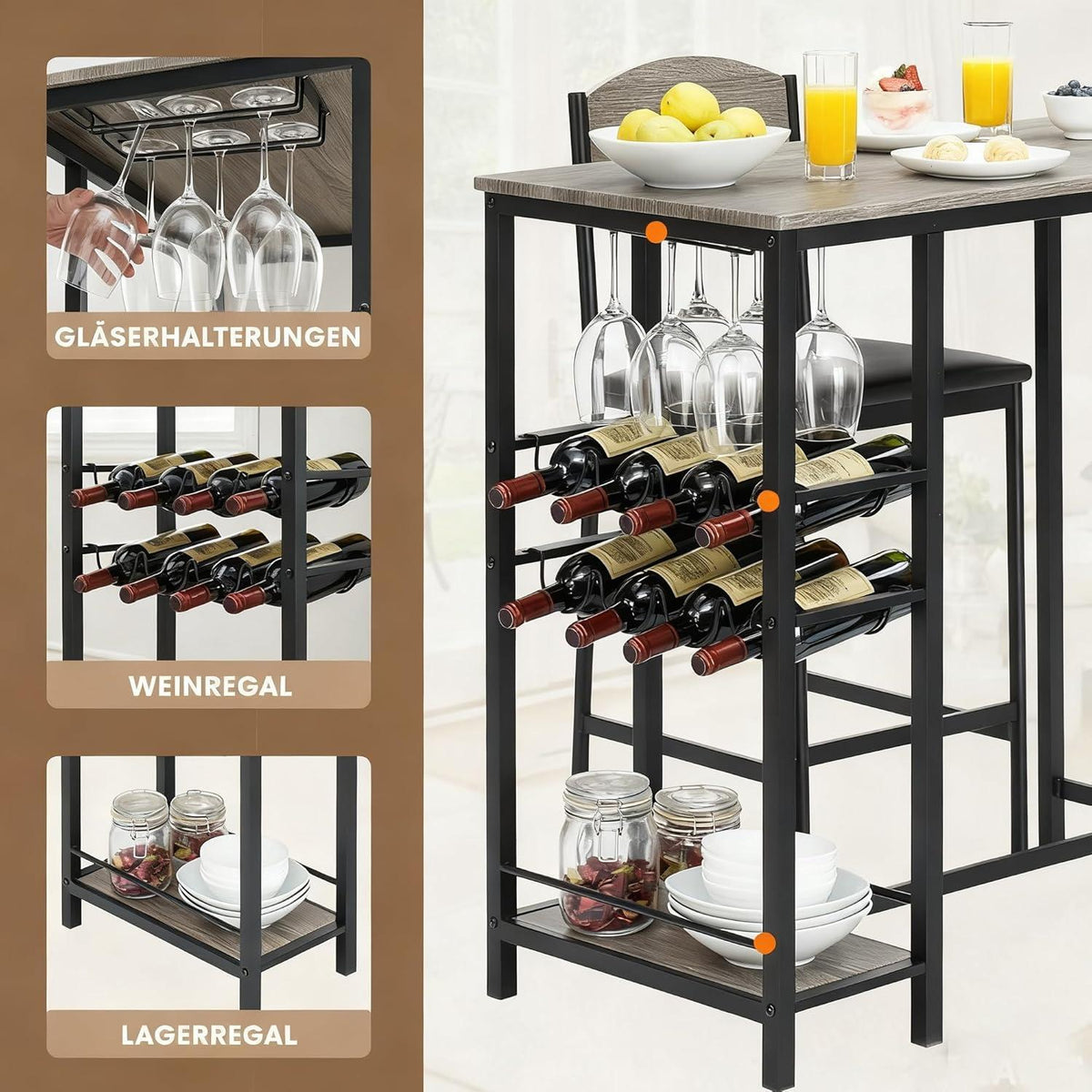 Stehtisch Set Grau mit Stühlen & Stauraum – Platzsparendes Bartisch-Set