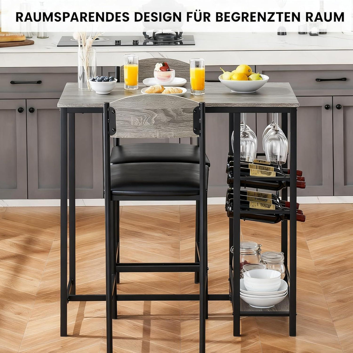 Stehtisch Set Grau mit Stühlen & Stauraum – Platzsparendes Bartisch-Set
