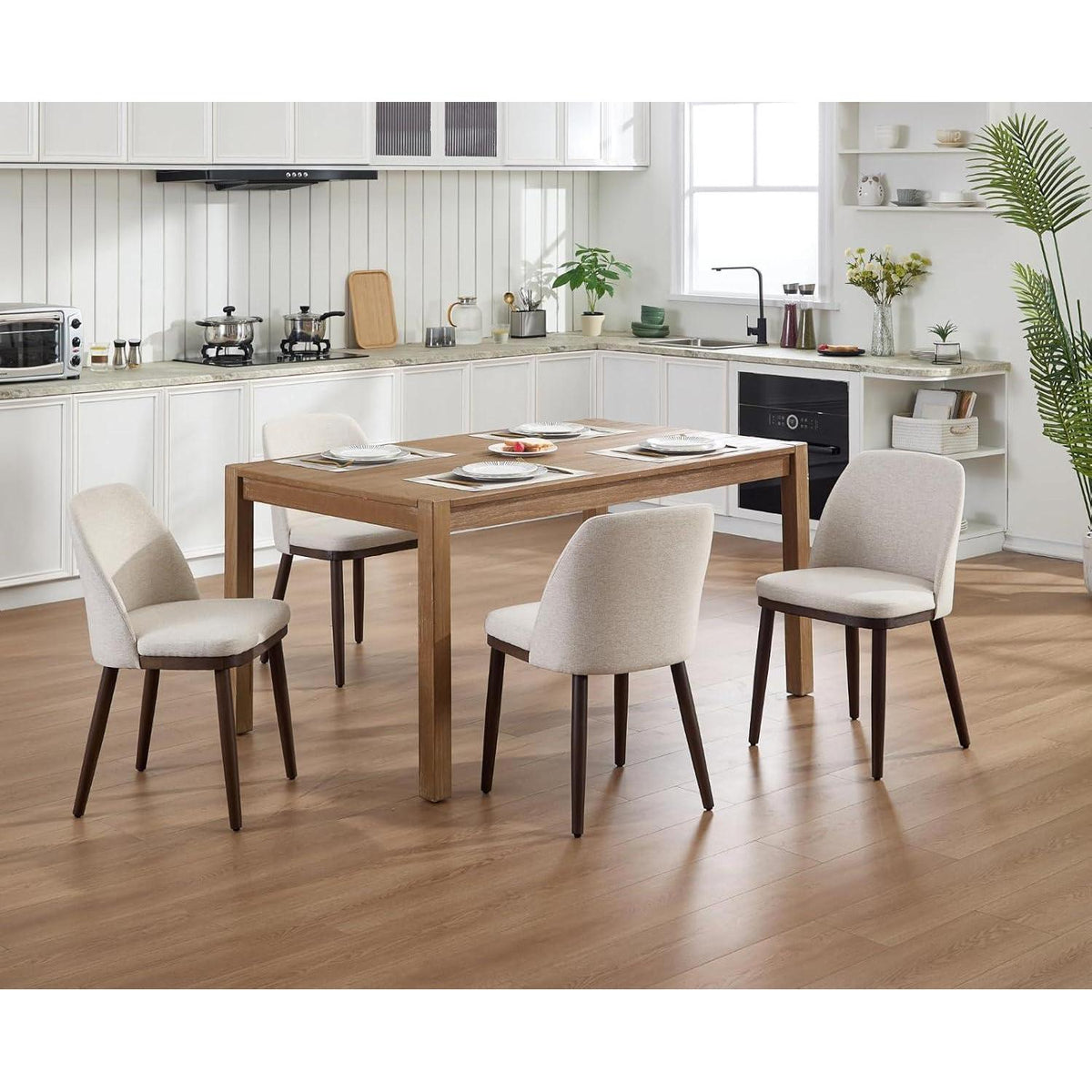 Esszimmerstühle 2er Set, Beige Polsterstuhl mit Holzbeinen