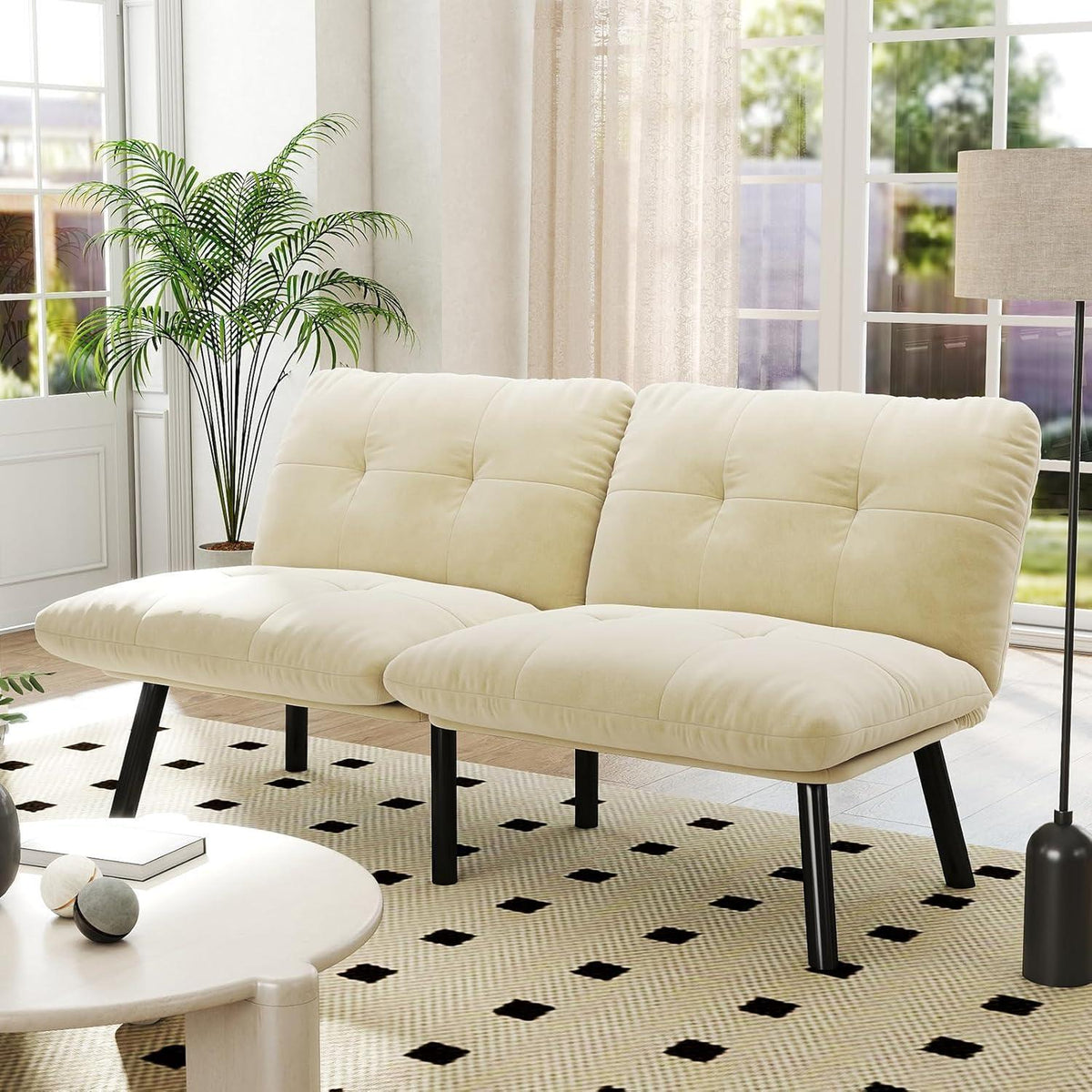 Modernes 2-Sitzer Schlafsofa mit Velvet-Bezug (Sahne)