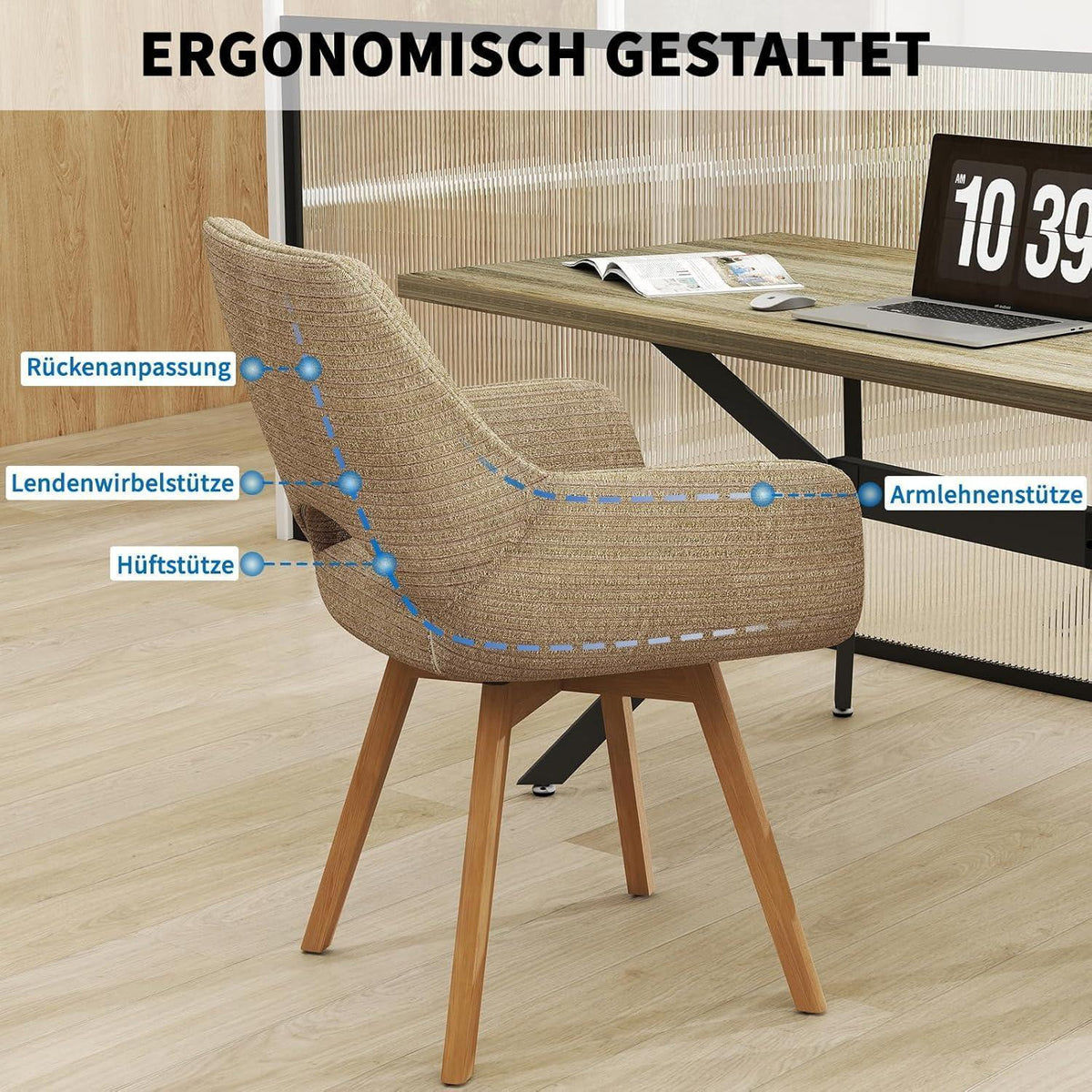 Drehbarer Esszimmerstuhl Set (6er) mit Armlehne & Holzbeinen – Braun