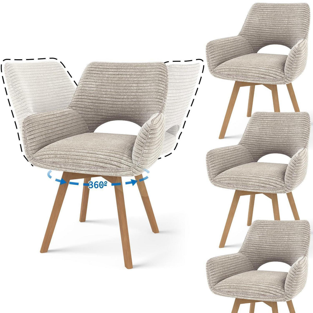 Drehbarer Esszimmerstuhl Set (4x) – Taupe mit Holzbeinen