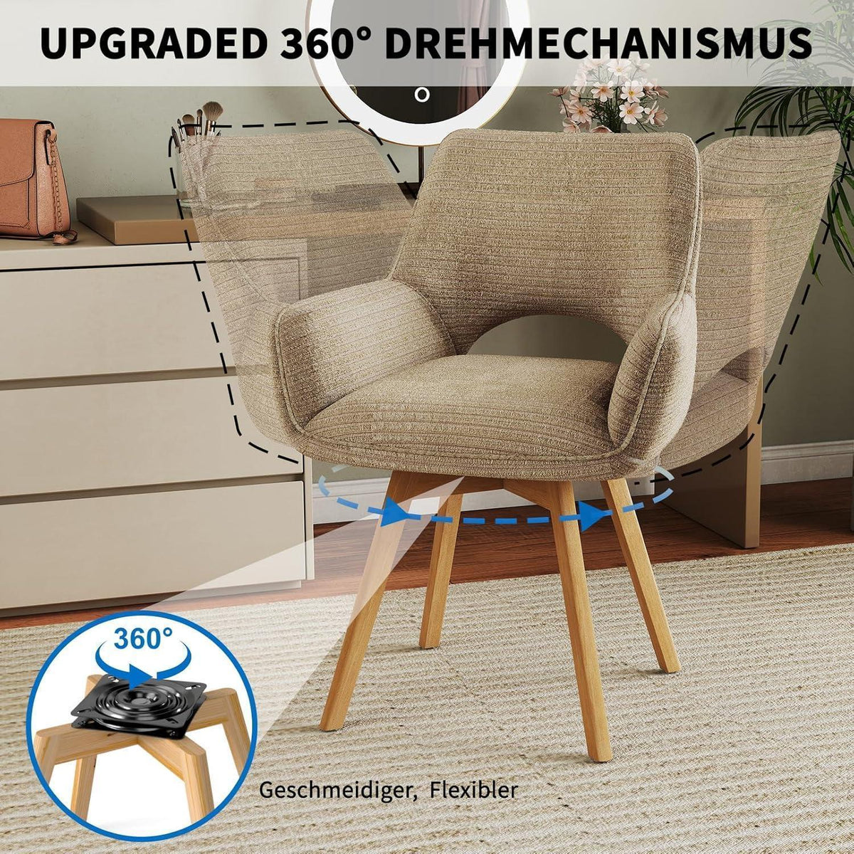 360° Drehbarer Esszimmerstuhl mit Armlehnen, Braun