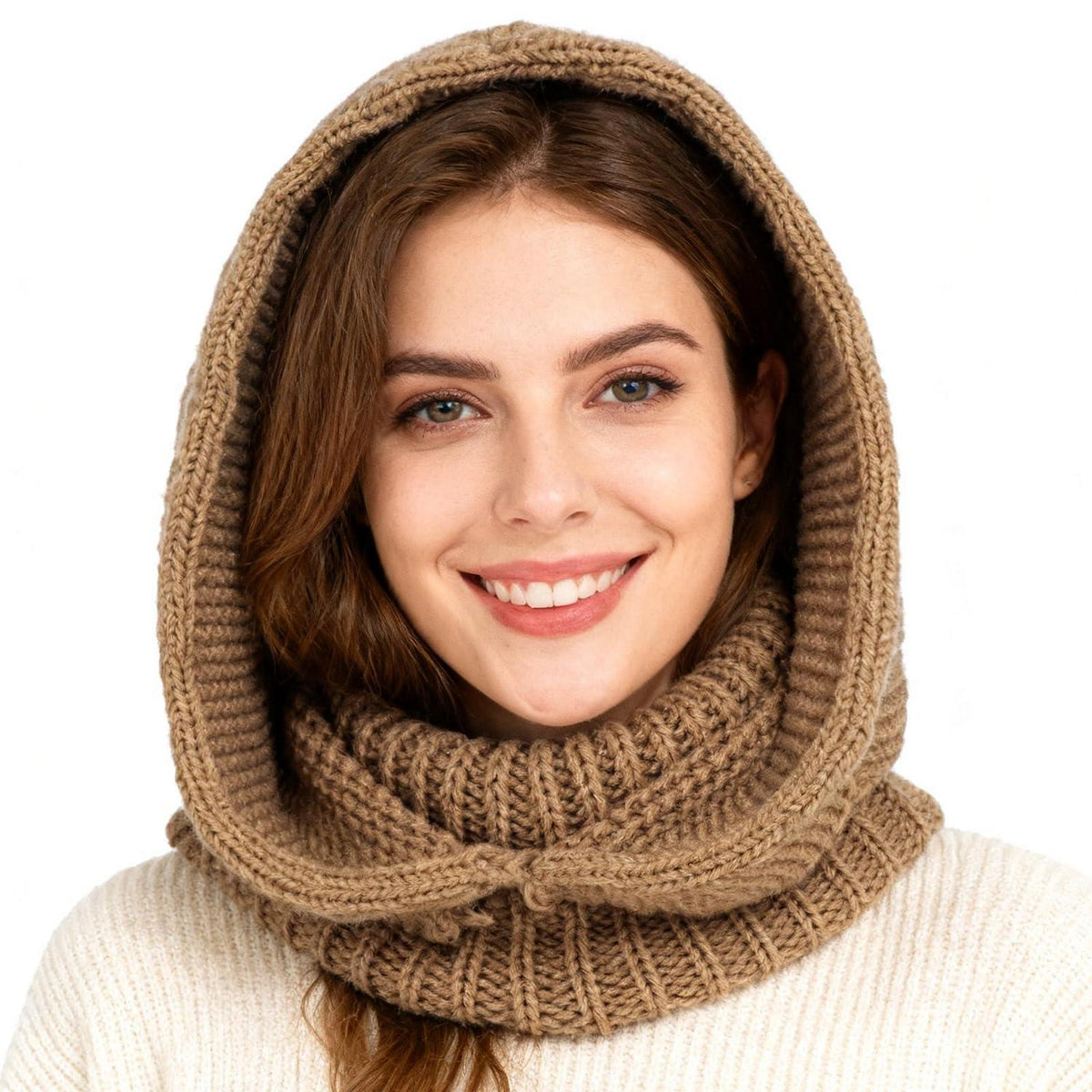 Thermo Strickmütze Damen mit Langer Schal – Winter Sturmhaube Khaki