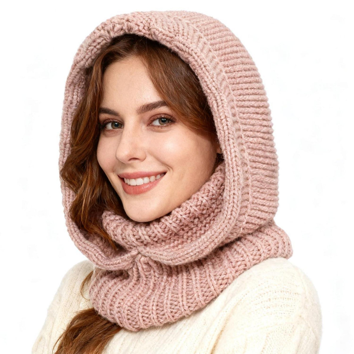 Thermo Strickmütze Damen mit Langer Schal – Rosa Winterhaube