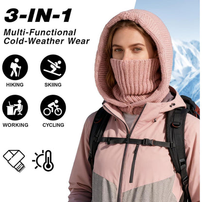 Thermo Strickmütze Damen mit Langer Schal – Rosa Winterhaube