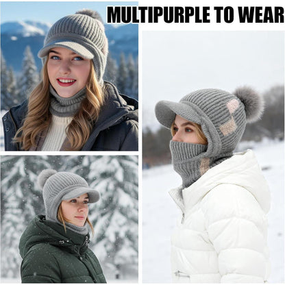 Strickmütze Damen 3in1 Thermo Schal & Sturmhaube Schwarz