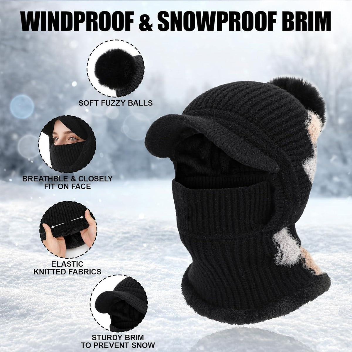 Strickmütze Damen 3in1 Thermo Schal & Sturmhaube Weiß