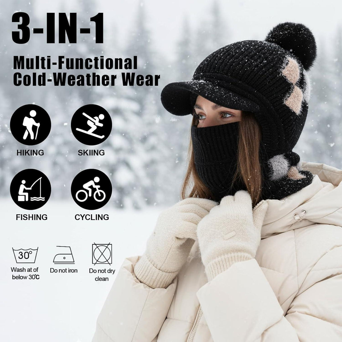 Strickmütze Damen 3in1 Thermo Schal & Sturmhaube Weiß