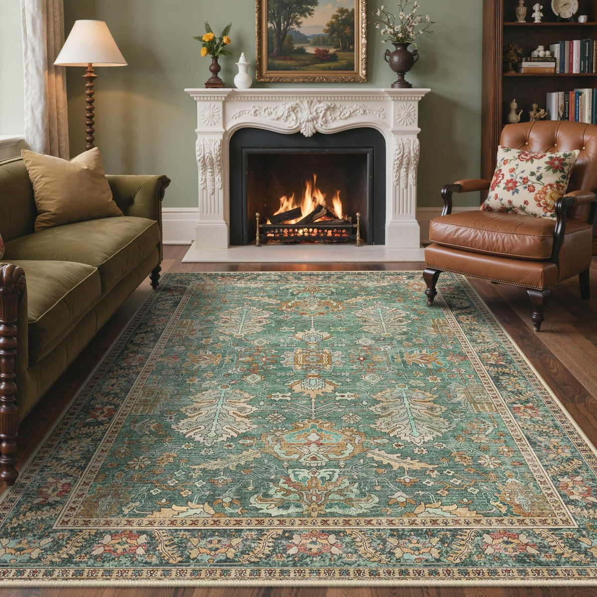 Vintage Teppich Grün 200x290cm – Waschbar & Rutschfest