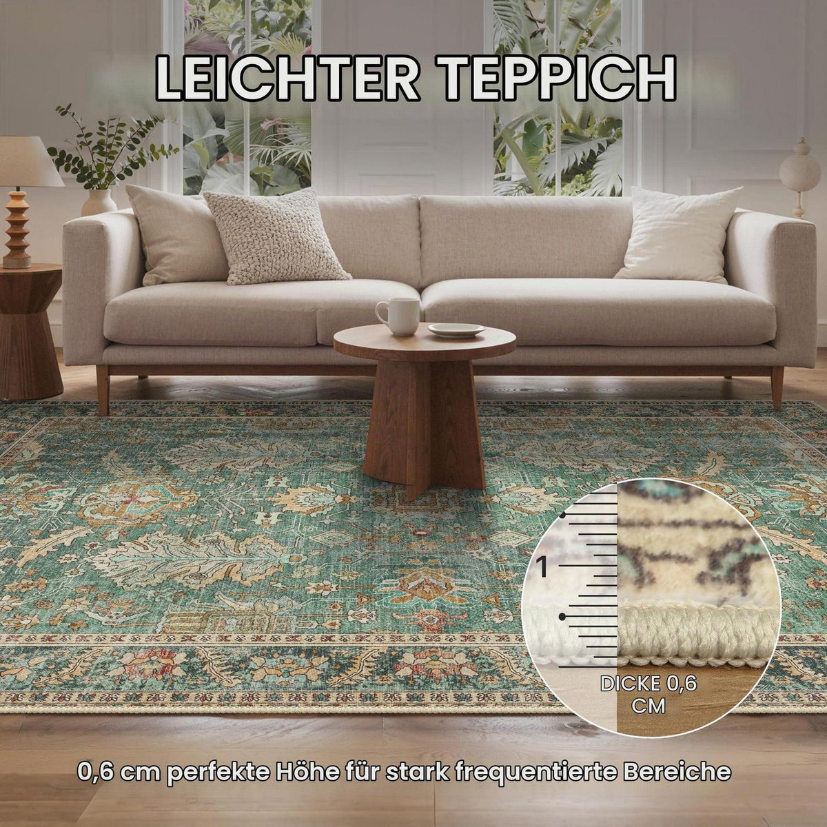 Vintage Teppich Grün 200x290cm – Waschbar & Rutschfest