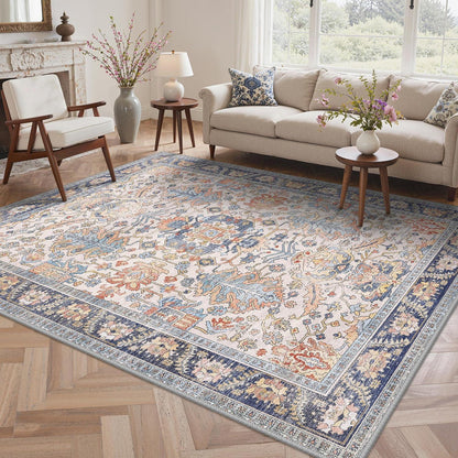 Vintage Teppich Wohnzimmer 200x290cm Rotblau Creme