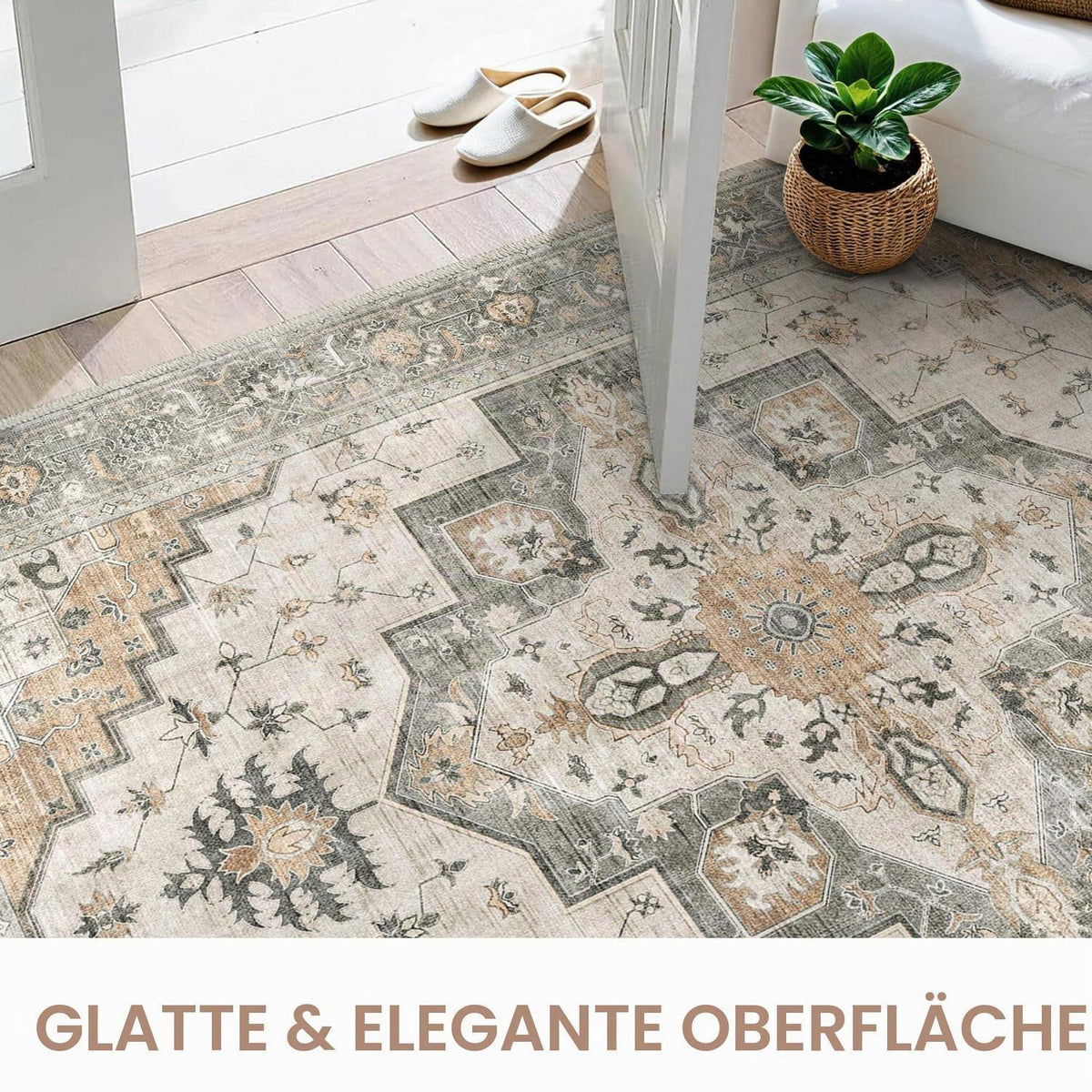 Vintage Teppich Wohnzimmer 240x300cm Taupe – Waschbar & Rutschfest