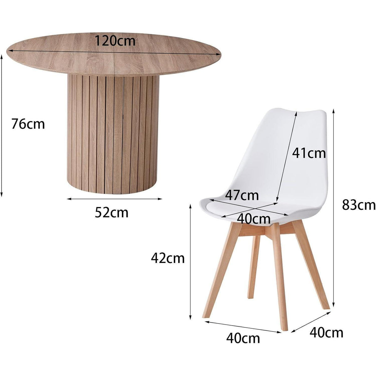 Runder Esstisch 120cm mit 6 Stühlen – Hellbraun & Weiß