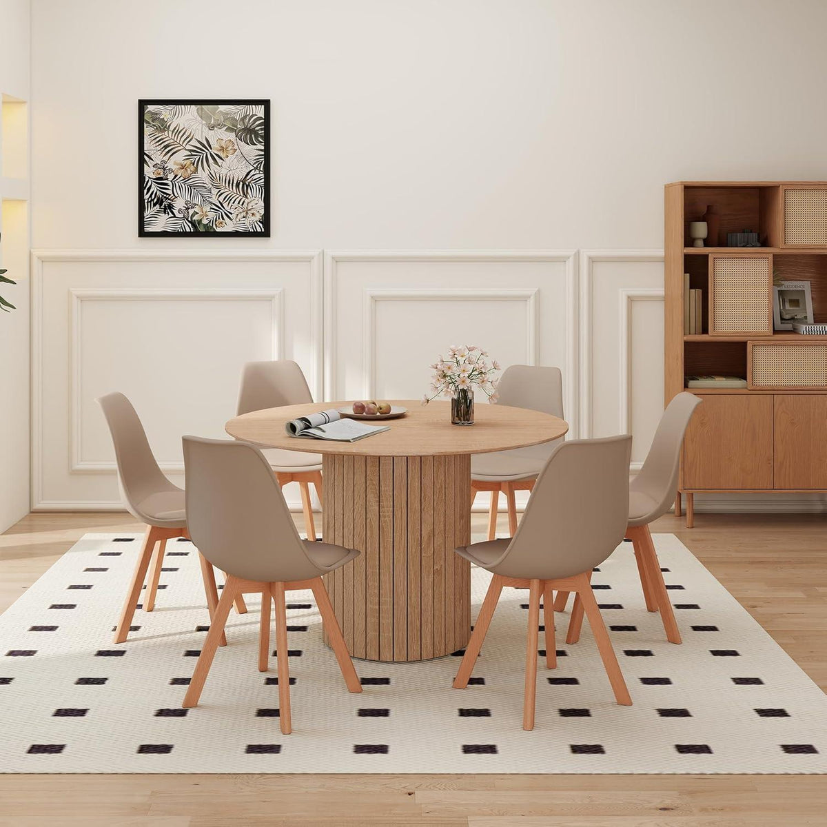 Runder Esstisch 120cm + 6 Stühle – Hellbraun & Khaki