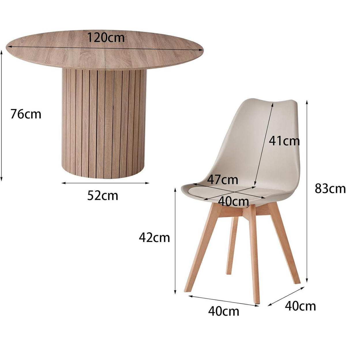 Runder Esstisch 120cm + 6 Stühle – Hellbraun & Khaki