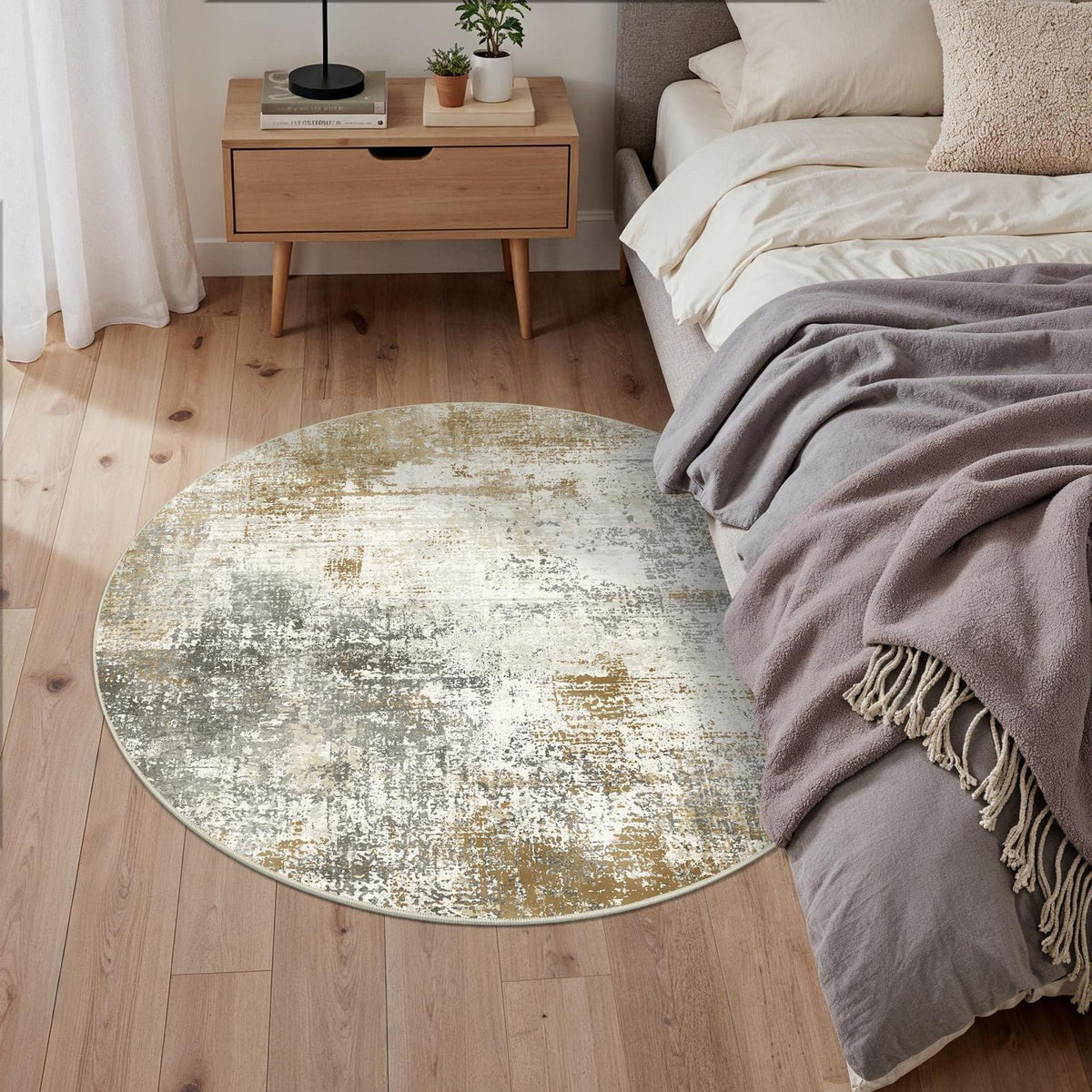 Moderner Rundteppich Karamellgrau 135 cm – Waschbar & Rutschfest