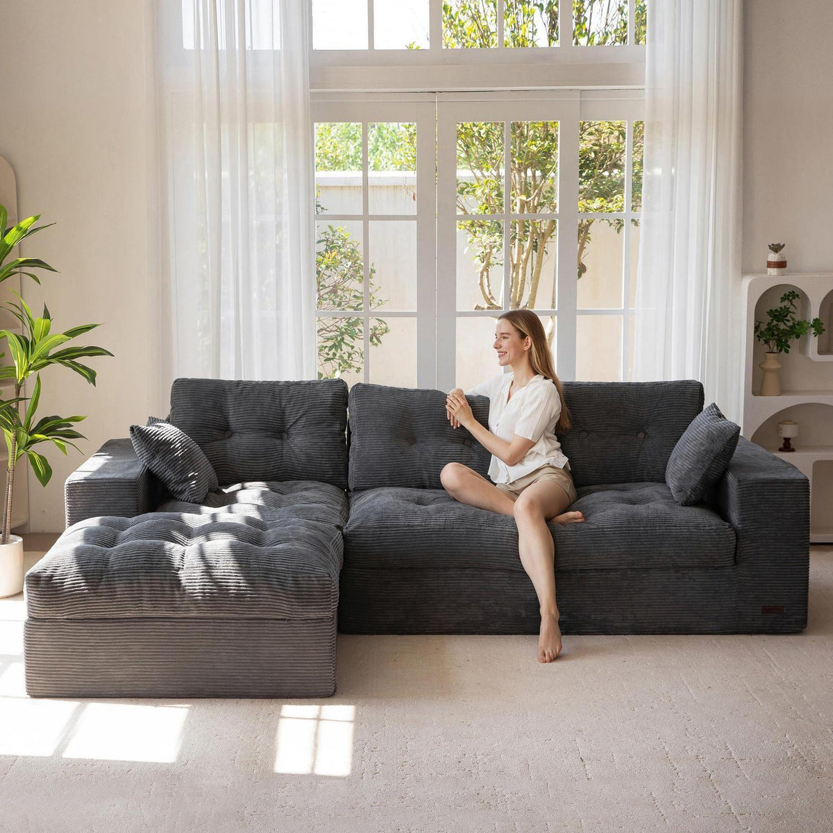 MAXYOYO Ecksofa mit Schlaffunktion & Ottomane, Grau