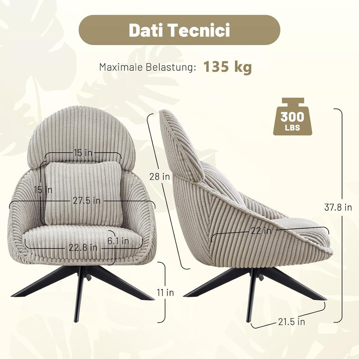 Loungesessel 360° Drehbar mit Abnehmbarem Kissen – Grau/Hellgrau