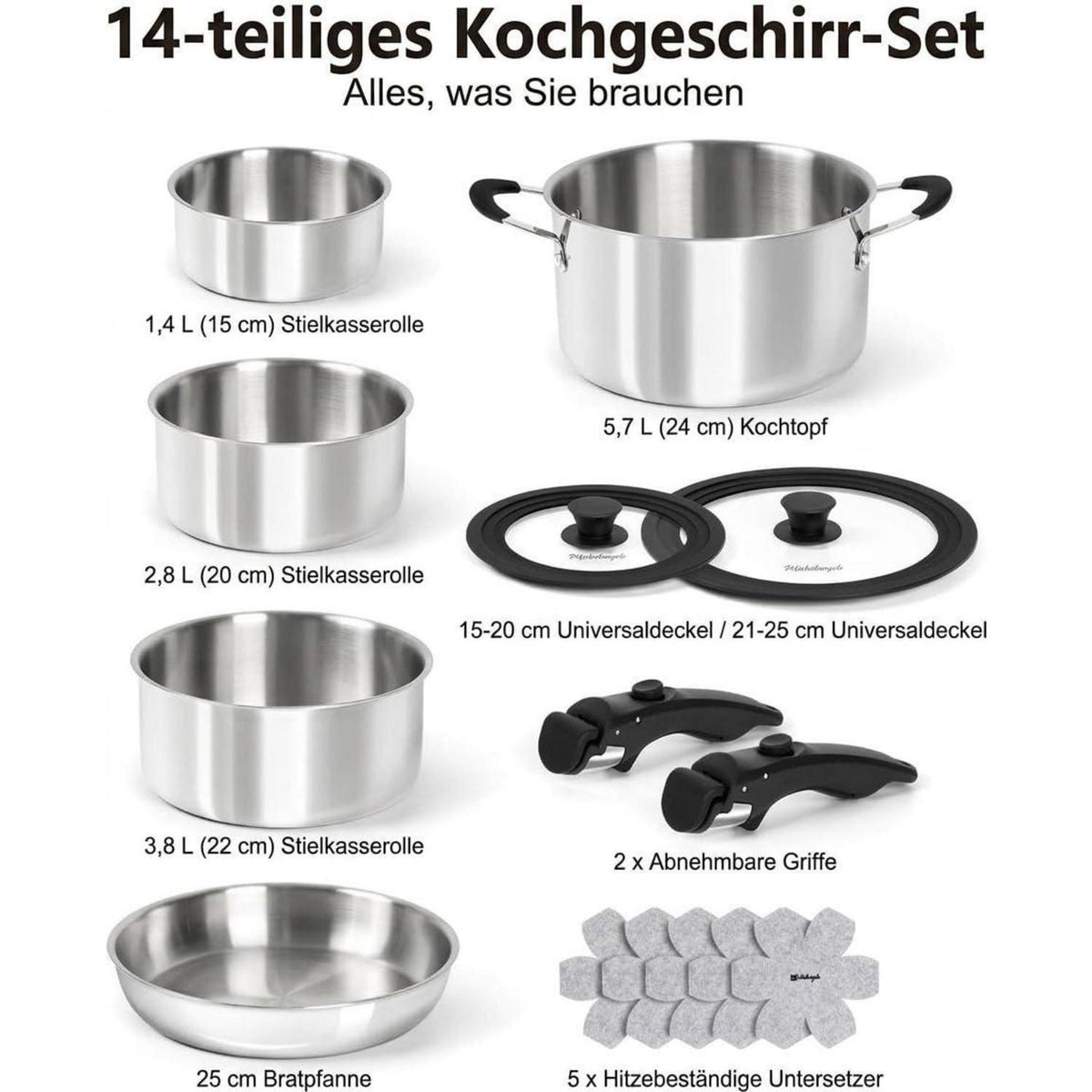 14-teiliges Edelstahl Topfset mit abnehmbaren Griffen