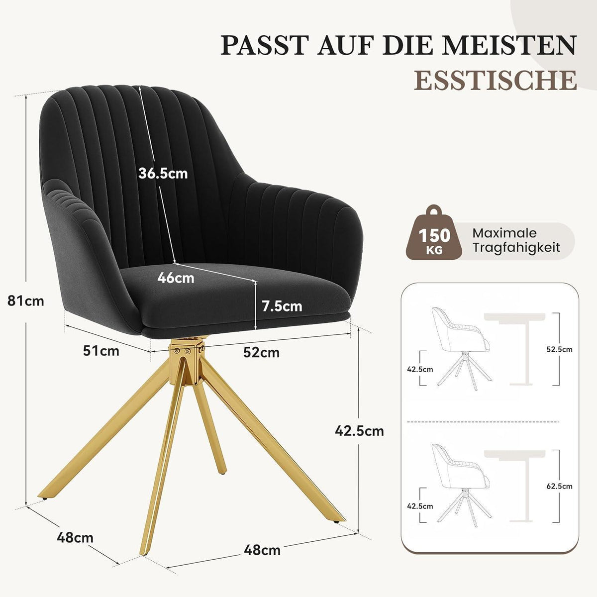 Drehbarer Esszimmerstuhl mit Armlehne Schwarz/Gold